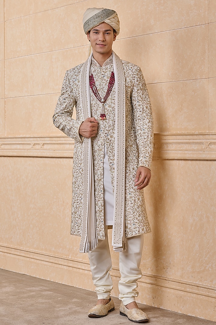 Ivory Viscose & Georgette Embroidered Groom Sherwani Set by TASVA at Pernia's Pop Up Shop