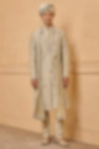 Gold Viscose Blend Embroidered Groom Sherwani Set by TASVA at Pernia's Pop Up Shop