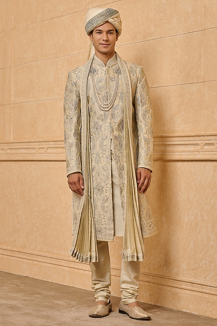Gold Viscose Blend Embroidered Groom Sherwani Set by TASVA at Pernia's Pop Up Shop