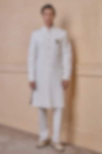 White Polyester Blend Knitted Sherwani Set by TASVA at Pernia's Pop Up Shop