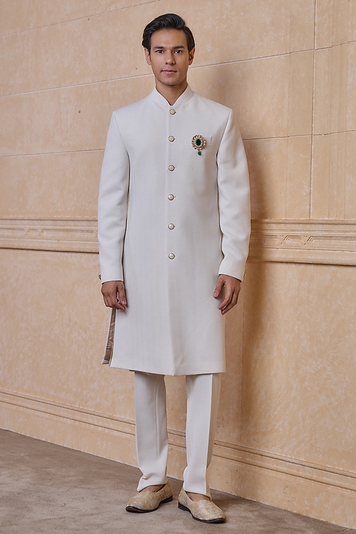 White Polyester Blend Knitted Sherwani Set by TASVA at Pernia's Pop Up Shop