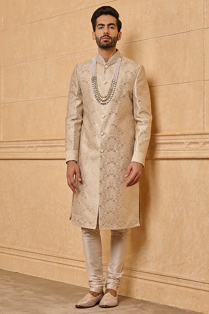 Gold Brocade & Polyester Blend Sherwani Set by TASVA at Pernia's Pop Up Shop