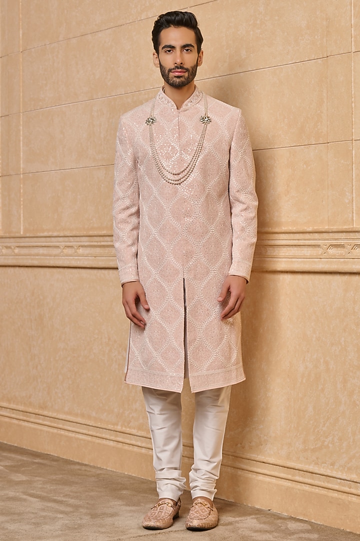 Pink Viscose Blend Wedding Sherwani Set by TASVA at Pernia's Pop Up Shop