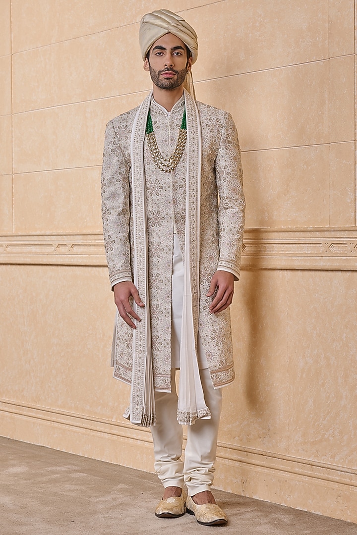 Ivory Viscose Blend Groom Sherwani Set by TASVA at Pernia's Pop Up Shop