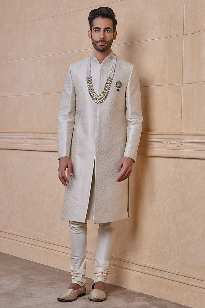 Ivory Brocade & Polyester Blend Sherwani Set by TASVA at Pernia's Pop Up Shop