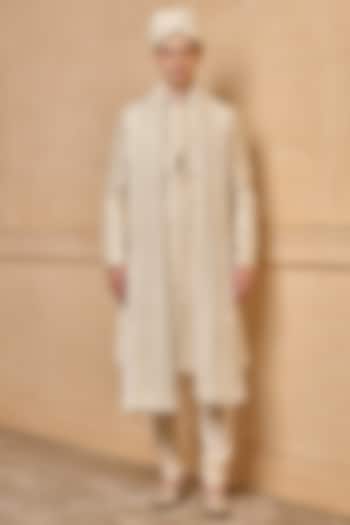 Ivory Viscose Blend Wedding Sherwani Set by TASVA at Pernia's Pop Up Shop