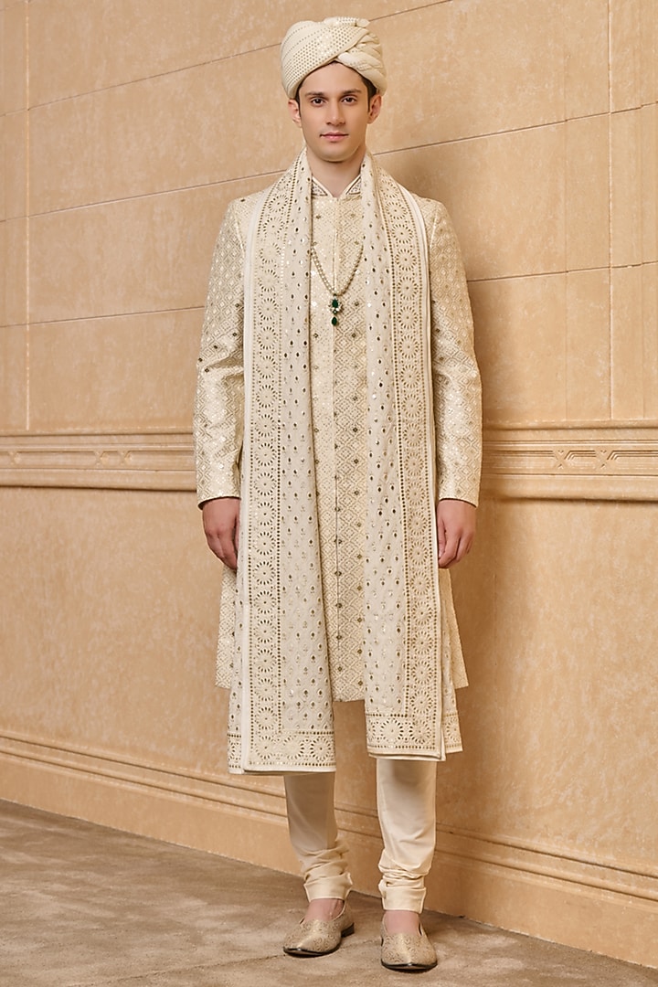 Ivory Viscose Blend Wedding Sherwani Set by TASVA at Pernia's Pop Up Shop