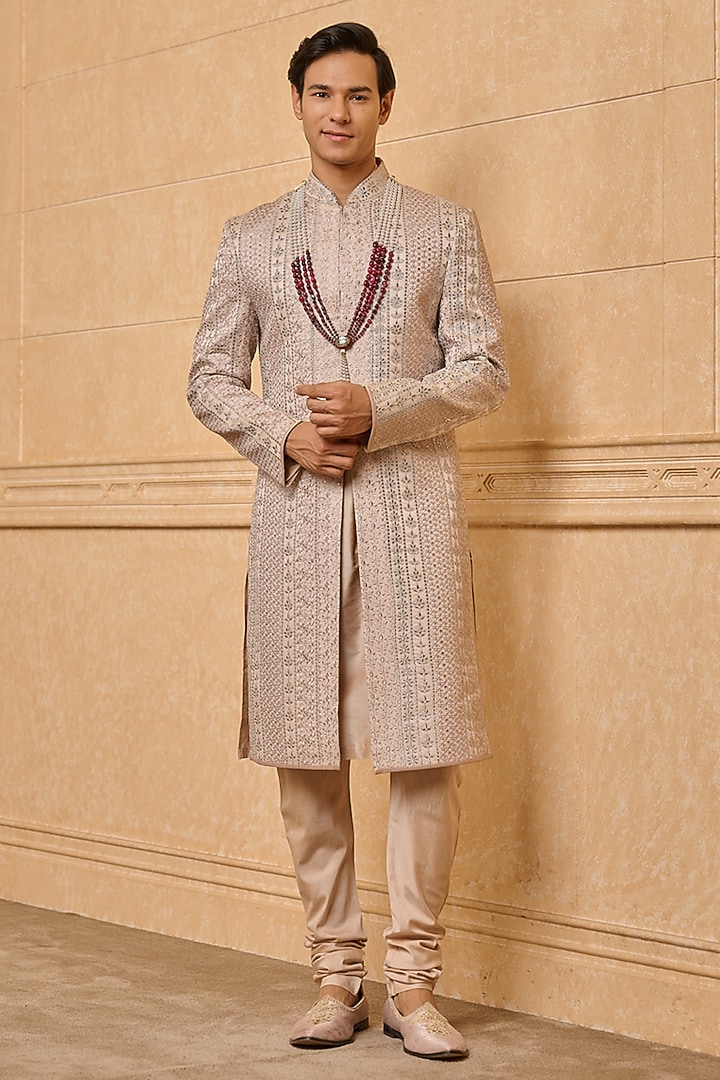 Pink Viscose Blend Embroidered Wedding Sherwani Set by TASVA at Pernia's Pop Up Shop