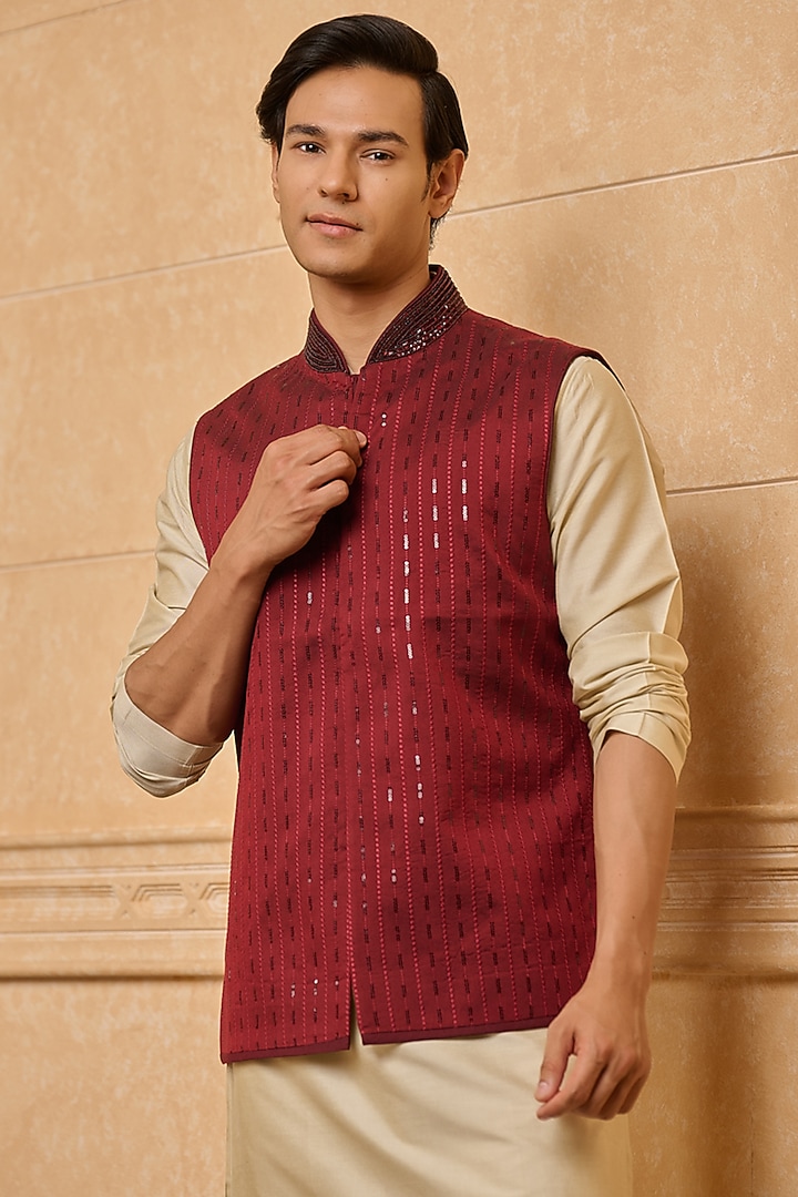 Wine Polyester & Viscose Embroidered Bundi Jacket by TASVA