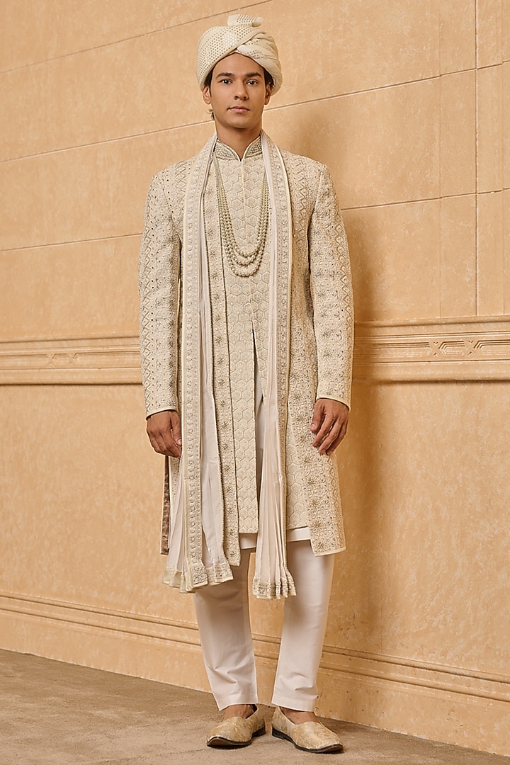 Ivory Viscose Groom Sherwani Set by TASVA at Pernia's Pop Up Shop
