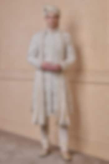Ivory Viscose Pearl Hand Embroidered Groom Sherwani Set by TASVA at Pernia's Pop Up Shop