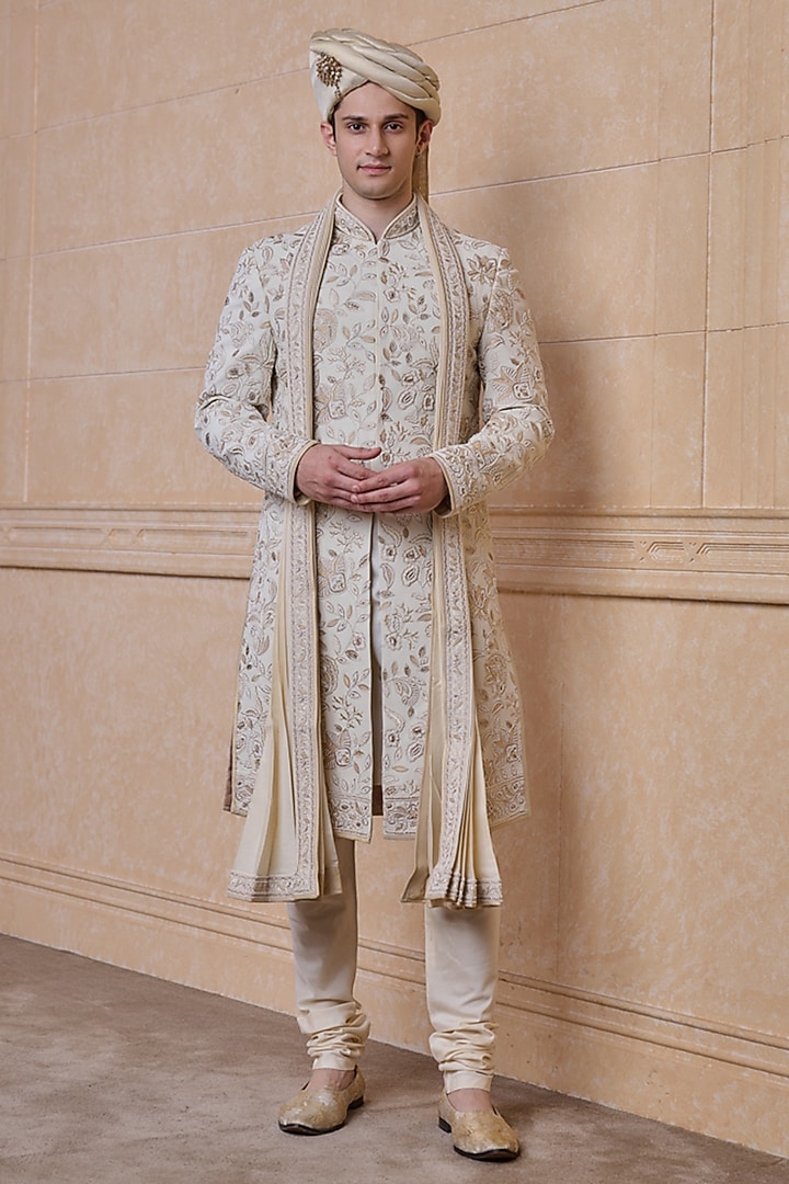 Ivory Viscose Pearl Hand Embroidered Groom Sherwani Set by TASVA at Pernia's Pop Up Shop