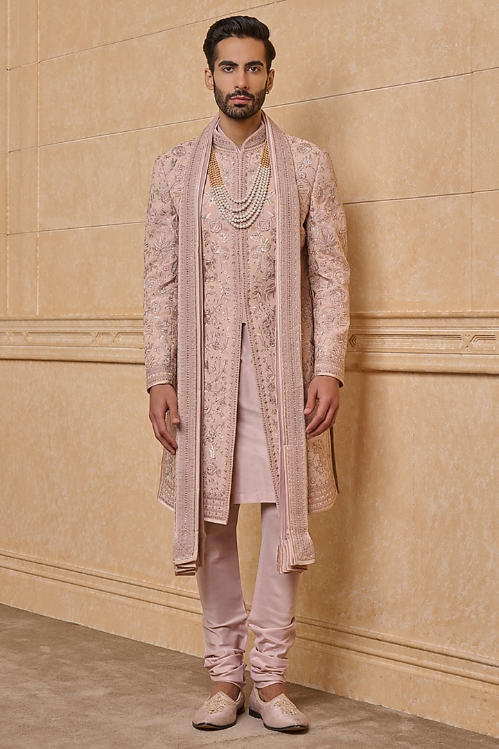 Pink Viscose Groom Sherwani Set by TASVA at Pernia's Pop Up Shop