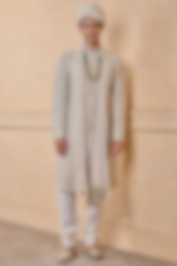 Ivory Viscose Embroidered Groom Sherwani Set by TASVA at Pernia's Pop Up Shop
