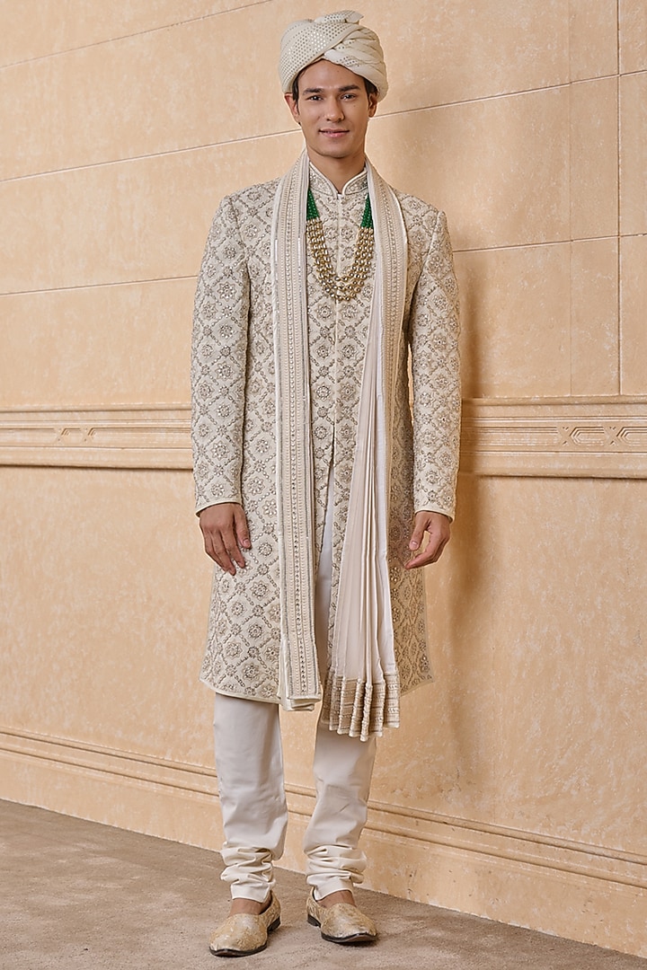 Ivory Viscose Embroidered Groom Sherwani Set by TASVA at Pernia's Pop Up Shop