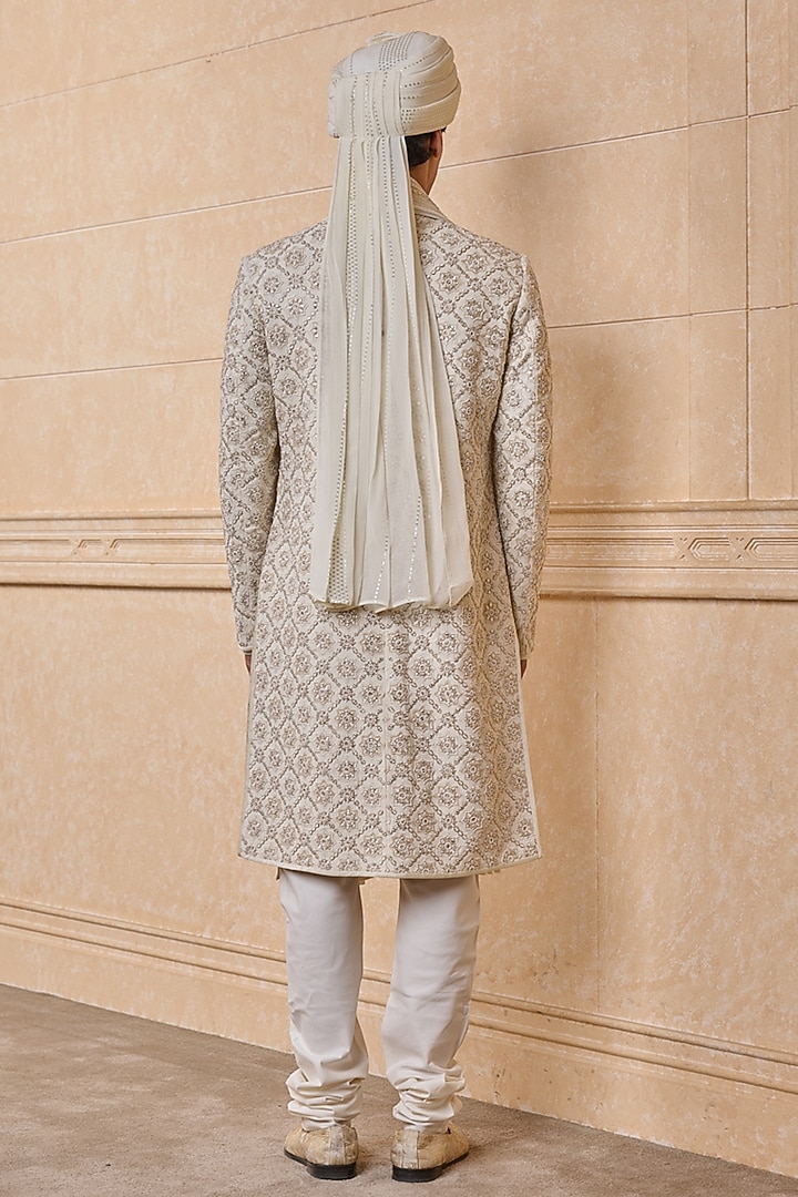 Ivory Viscose Embroidered Groom Sherwani Set by TASVA at Pernia's Pop Up Shop