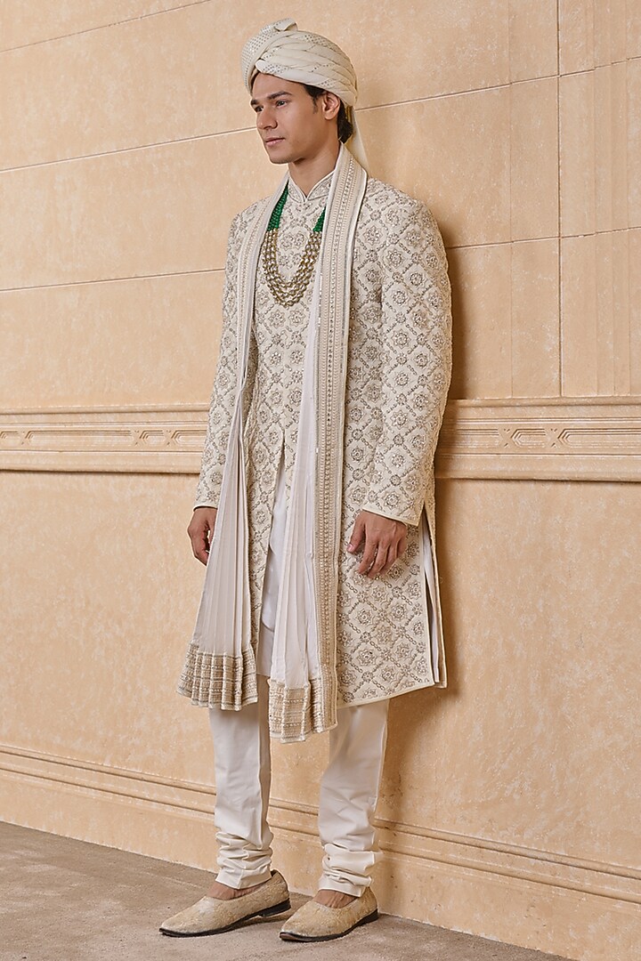 Ivory Viscose Embroidered Groom Sherwani Set by TASVA at Pernia's Pop Up Shop
