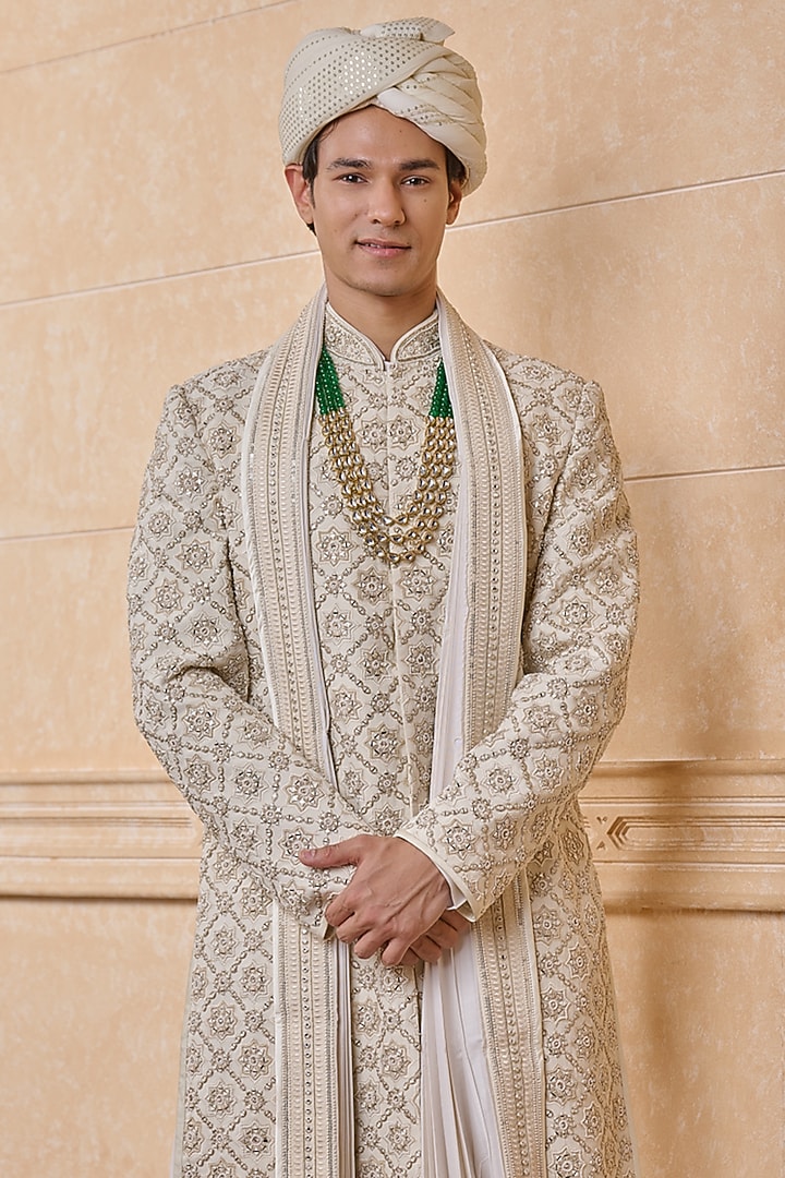 Ivory Viscose Embroidered Groom Sherwani Set by TASVA at Pernia's Pop Up Shop