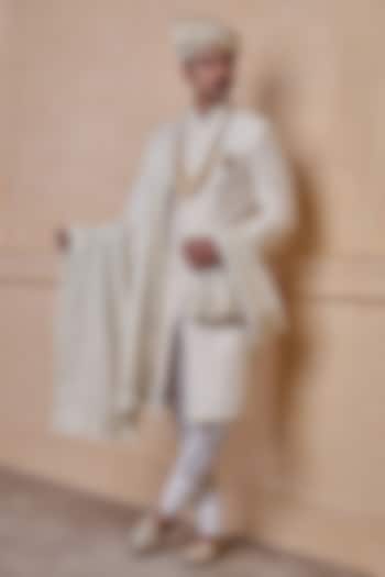 Ivory Viscose Blend Threadwork Sherwani Set by TASVA at Pernia's Pop Up Shop