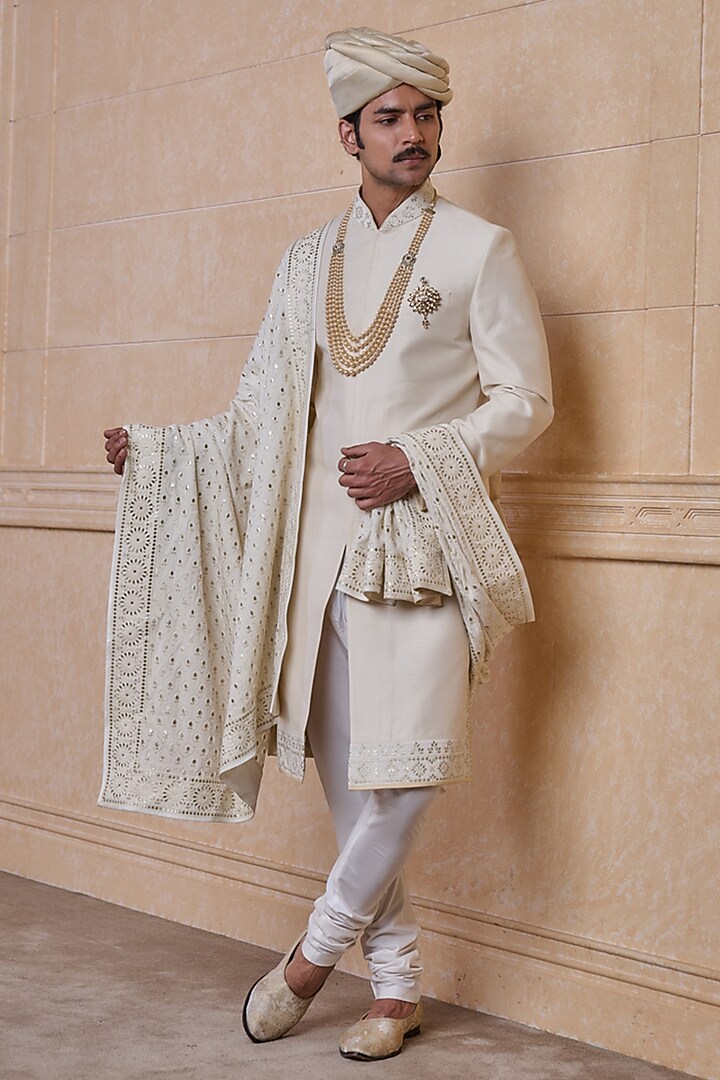 Ivory Viscose Blend Threadwork Sherwani Set by TASVA at Pernia's Pop Up Shop