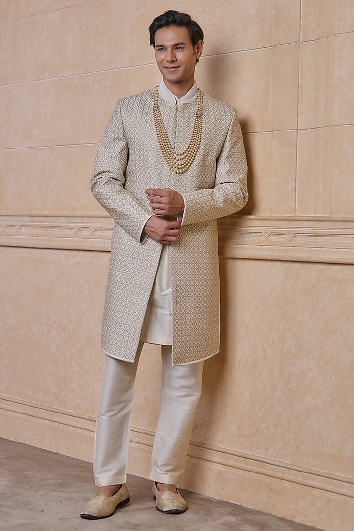 Ivory Viscose Blend Wedding Sherwani Set by TASVA at Pernia's Pop Up Shop