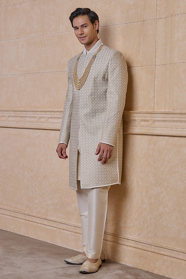 Ivory Viscose Blend Wedding Sherwani Set by TASVA at Pernia's Pop Up Shop