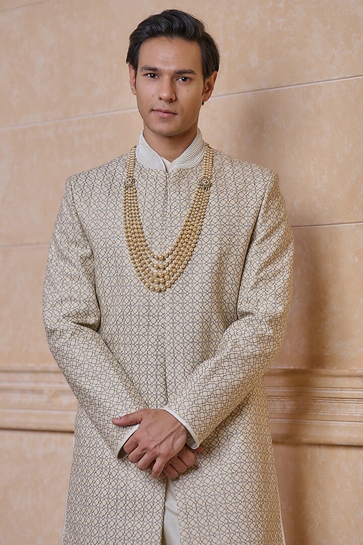 Ivory Viscose Blend Wedding Sherwani Set by TASVA at Pernia's Pop Up Shop