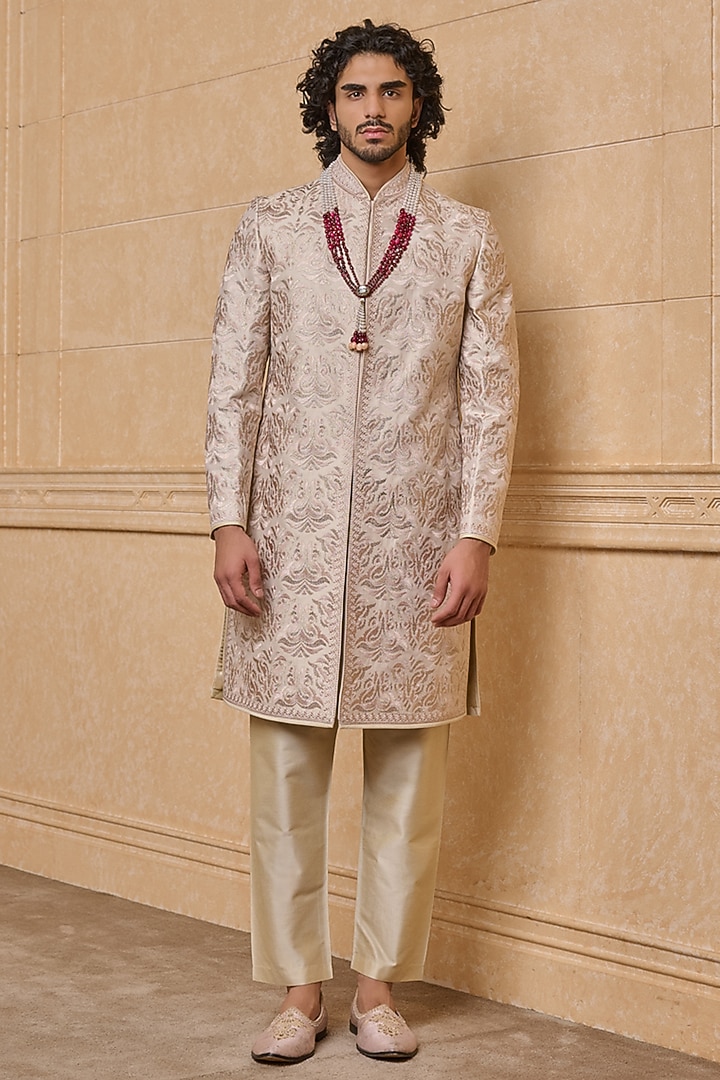 Cream Viscose Blend Wedding Sherwani Set by TASVA at Pernia's Pop Up Shop