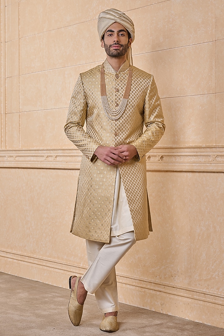 Gold Brocade & Polyester Blend Sherwani Set by TASVA at Pernia's Pop Up Shop