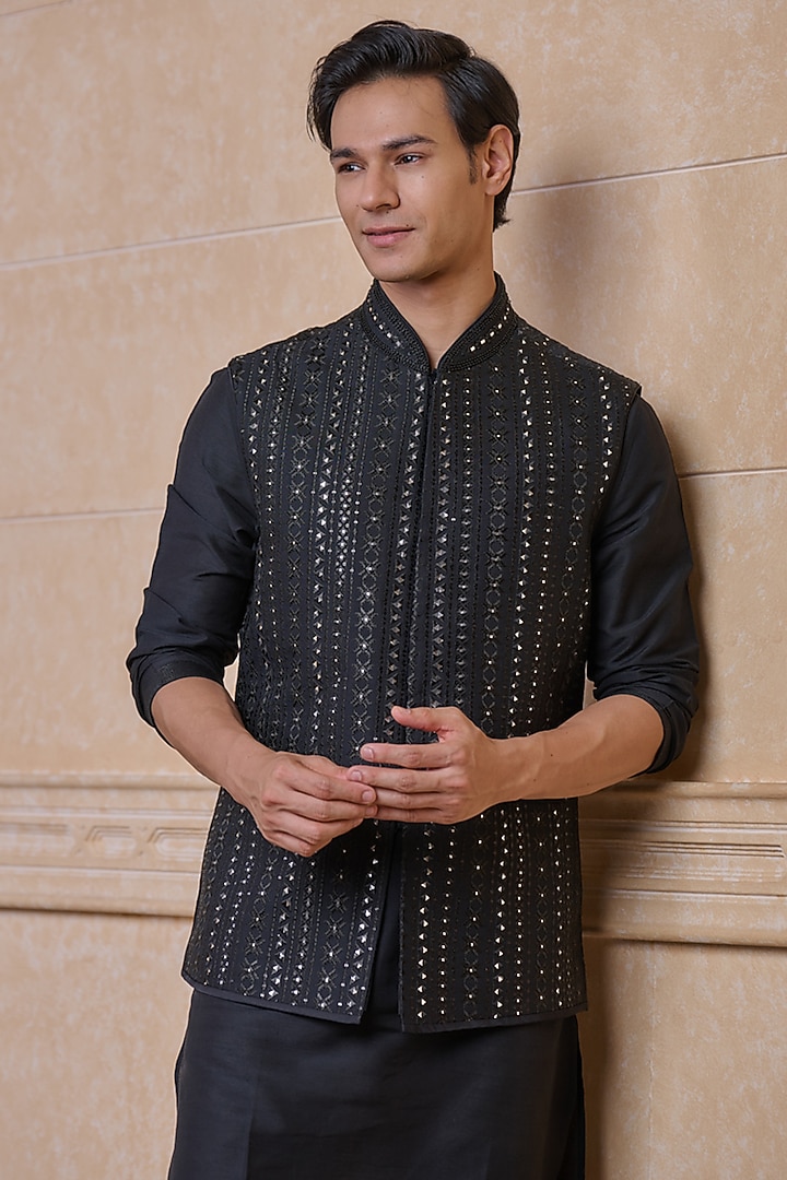 Black Polyester & Viscose Embroidered Bundi Jacket by TASVA