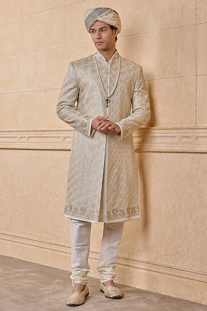 Ivory Viscose Embroidered Wedding Sherwani Set by TASVA at Pernia's Pop Up Shop