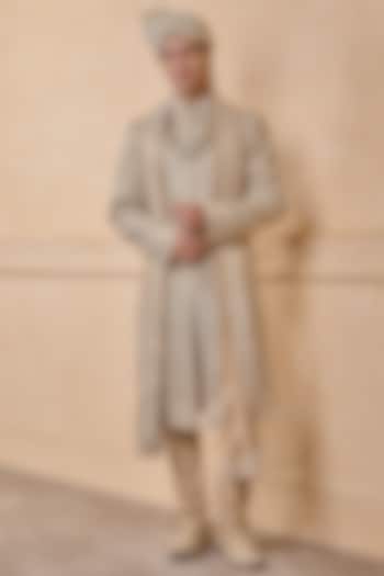 Gold Viscose Blend Embroidered Groom Sherwani Set by TASVA at Pernia's Pop Up Shop