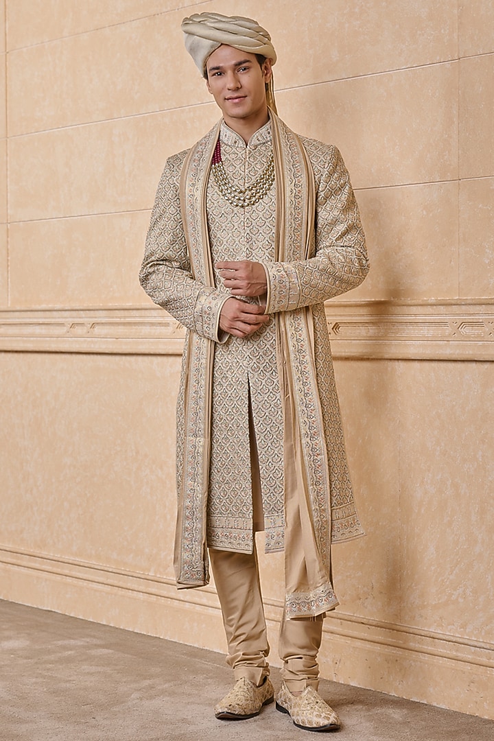 Gold Viscose Blend Embroidered Groom Sherwani Set by TASVA at Pernia's Pop Up Shop
