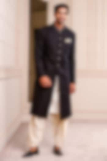 Black Linen Sherwani Set by TASVA at Pernia's Pop Up Shop