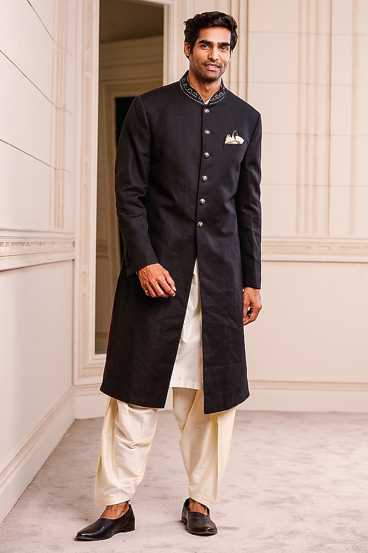 Black Linen Sherwani Set by TASVA at Pernia's Pop Up Shop