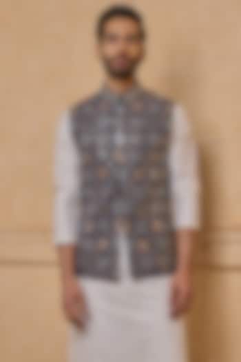 Navy Viscose Embroidered Bundi Jacket by TASVA