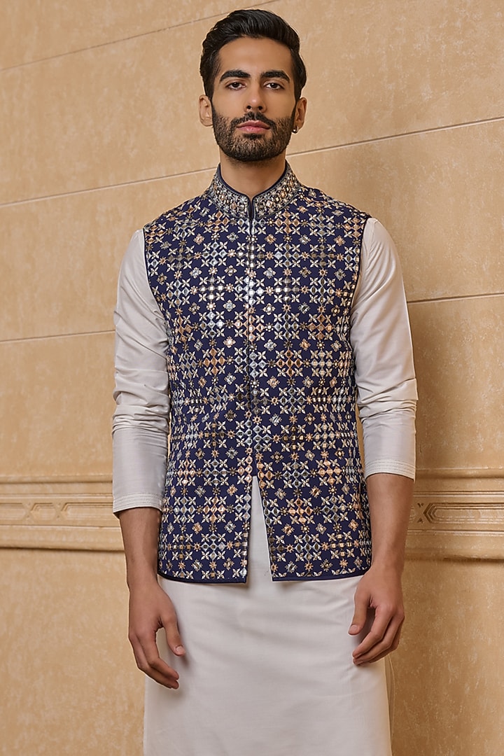 Navy Viscose Embroidered Bundi Jacket by TASVA