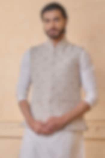 Beige Polyester & Viscose Blend Bundi Jacket by TASVA