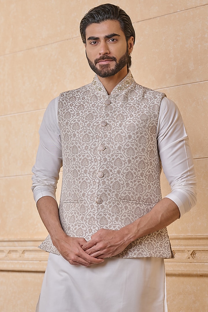 Beige Polyester & Viscose Blend Bundi Jacket by TASVA