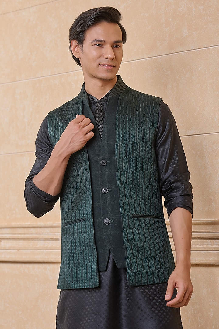 Dark Green Viscose Bundi Jacket by TASVA