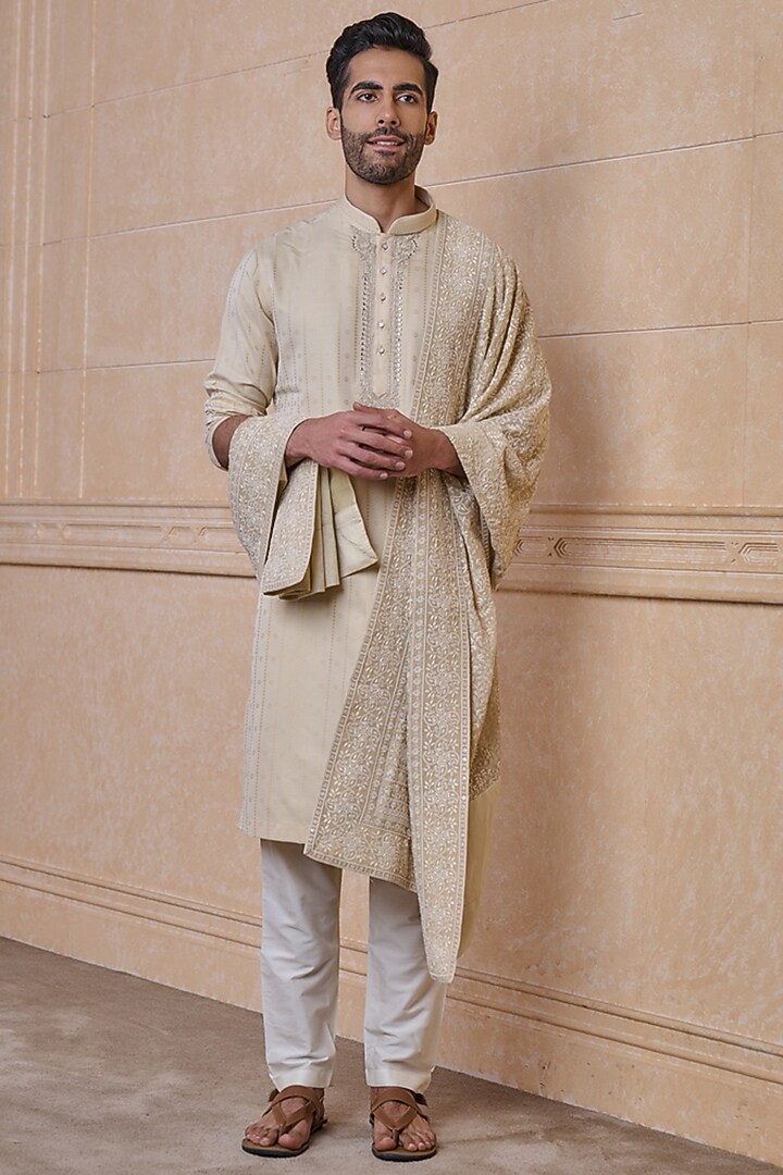 Golden Polyester Embroidered Stole by TASVA