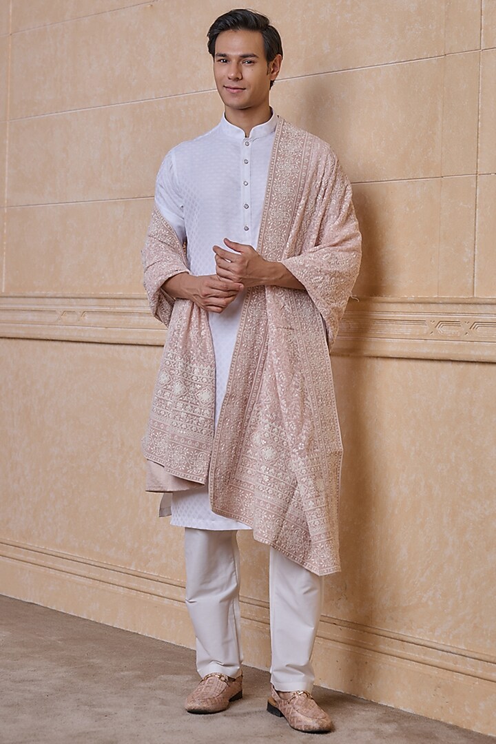 Pink Polyester Embroidered Stole by TASVA