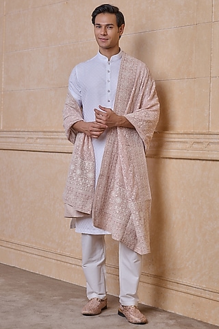 Pink Polyester Embroidered Stole by TASVA