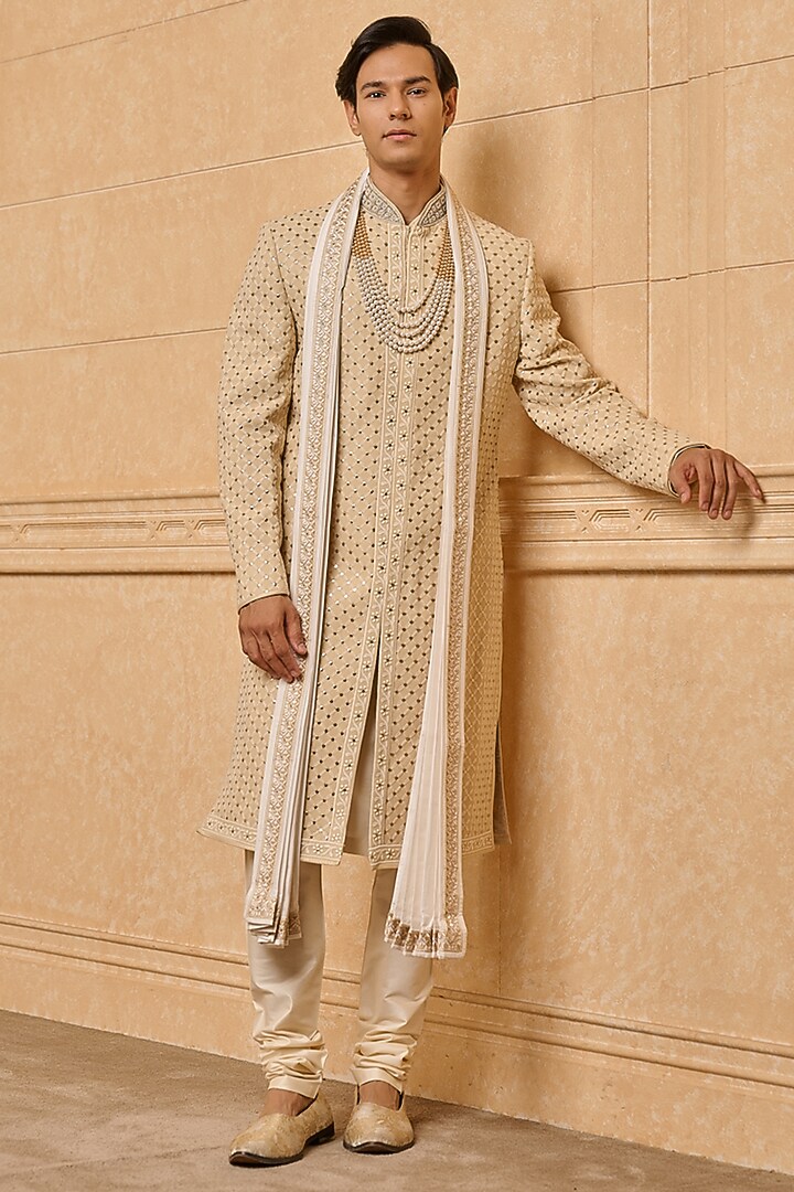 Ivory Viscose Blend Embroidered Pleated Stole by TASVA