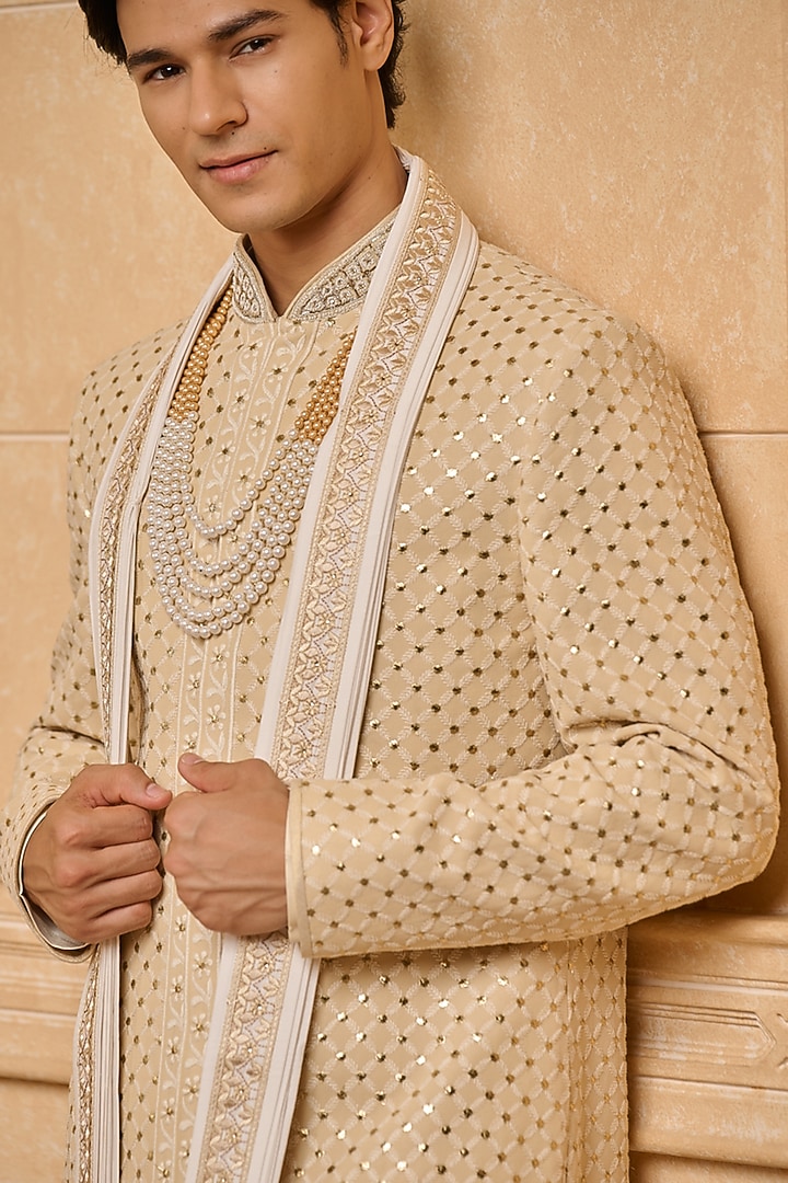 Ivory Viscose Blend Embroidered Pleated Stole by TASVA at Pernia's Pop Up Shop