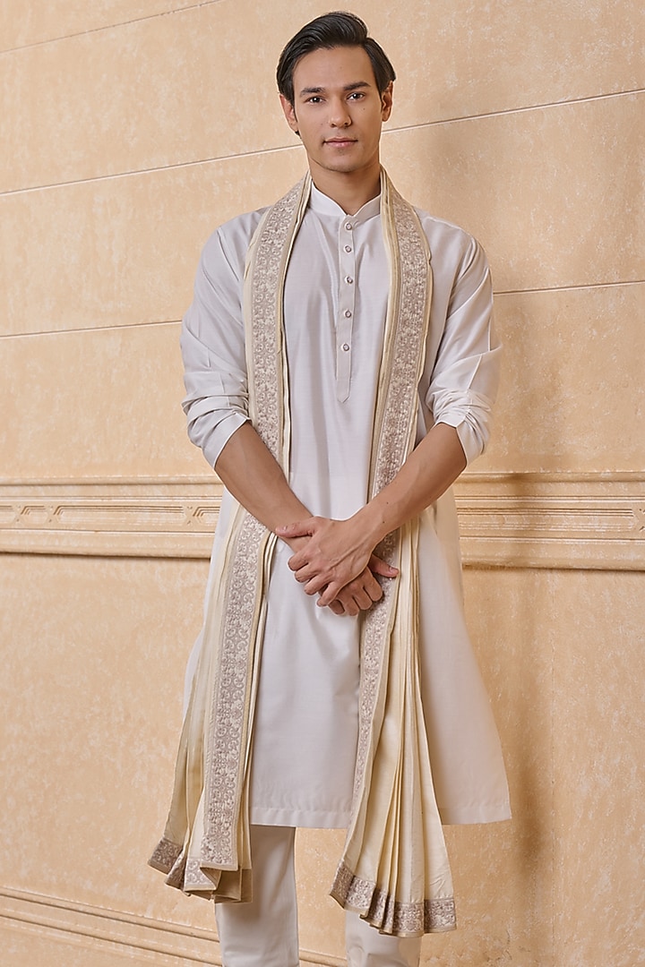 Ivory Viscose Blend Embroidered Pleated Stole by TASVA