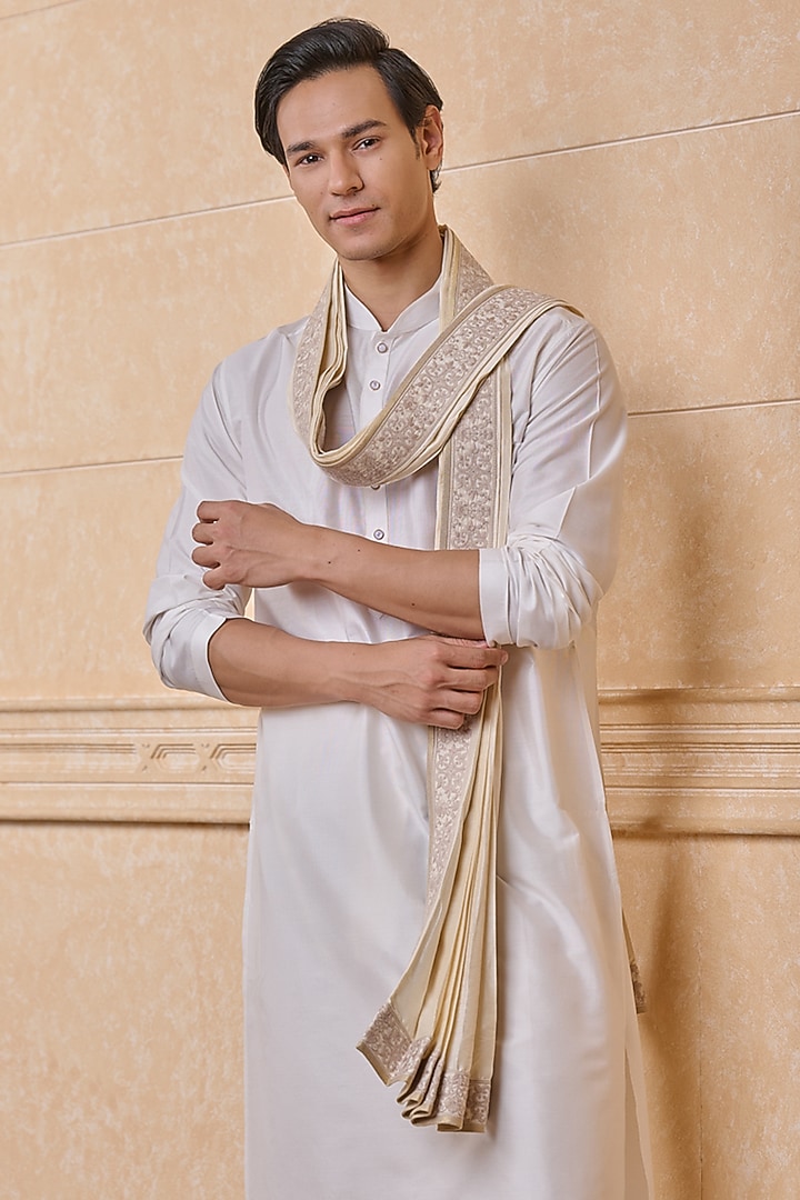Ivory Viscose Blend Embroidered Pleated Stole by TASVA at Pernia's Pop Up Shop