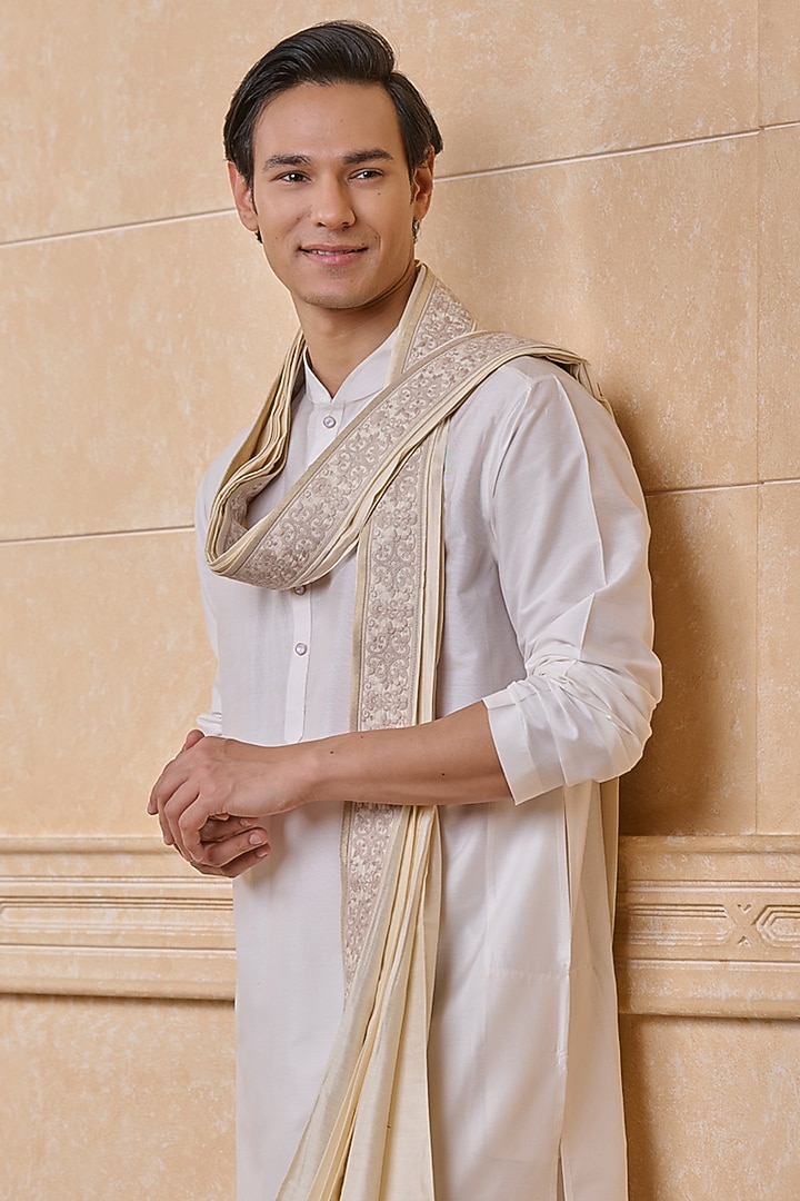 Ivory Viscose Blend Embroidered Pleated Stole by TASVA at Pernia's Pop Up Shop