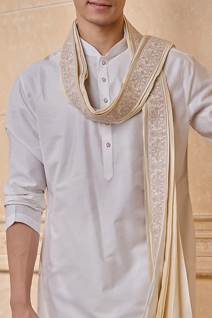 Ivory Viscose Blend Embroidered Pleated Stole by TASVA at Pernia's Pop Up Shop
