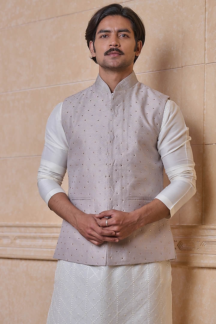 Light Grey Viscose & Polyester Bundi Jacket by TASVA at Pernia's Pop Up Shop